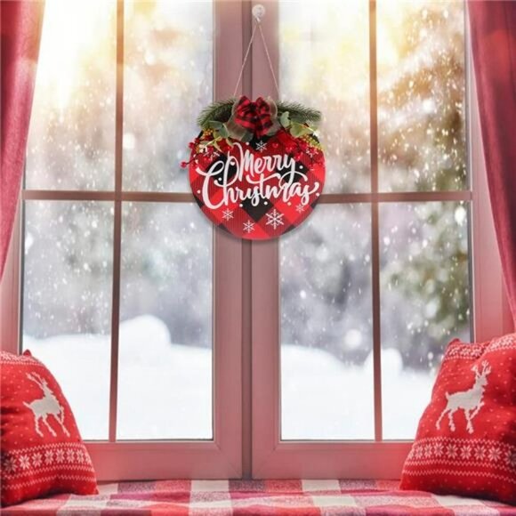 Merry Christmas Wreath, Christmas Sign for Front Door, Buffalo Plaid - Picture 3 of 4